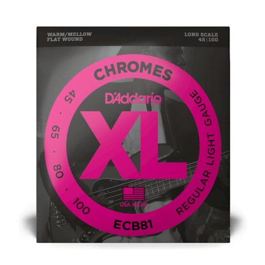 D'ADDARIO ECB81 CHROMES FLATWOUND BASS STRINGS, LIGHT GAUGE, 45-100, LONG SCALE