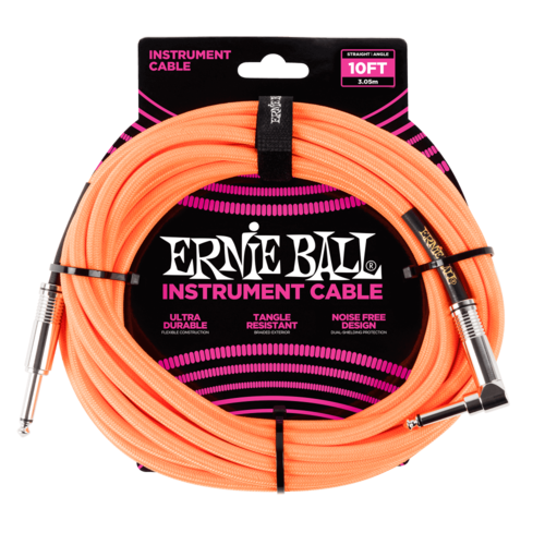 ERNIE BALL 10' BRAIDED STRAIGHT / ANGLE INSTRUMENT CABLE - NEON ORANGE