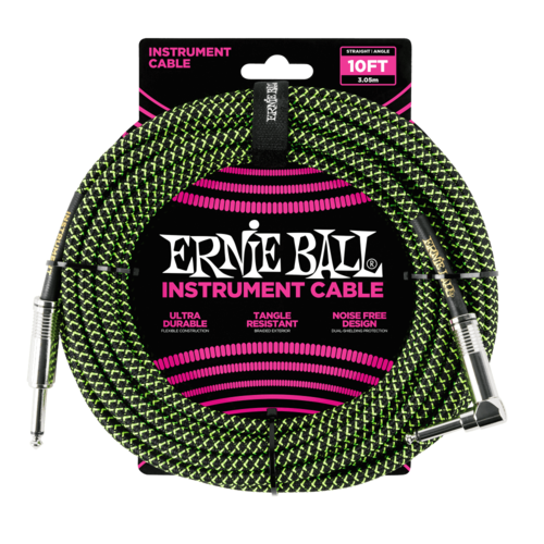 ERNIE BALL 10' BRAIDED STRAIGHT / ANGLE INSTRUMENT CABLE - BLACK / GREEN