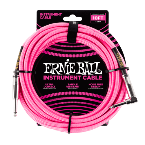 ERNIE BALL 10' BRAIDED STRAIGHT / ANGLE INSTRUMENT CABLE - NEON PINK