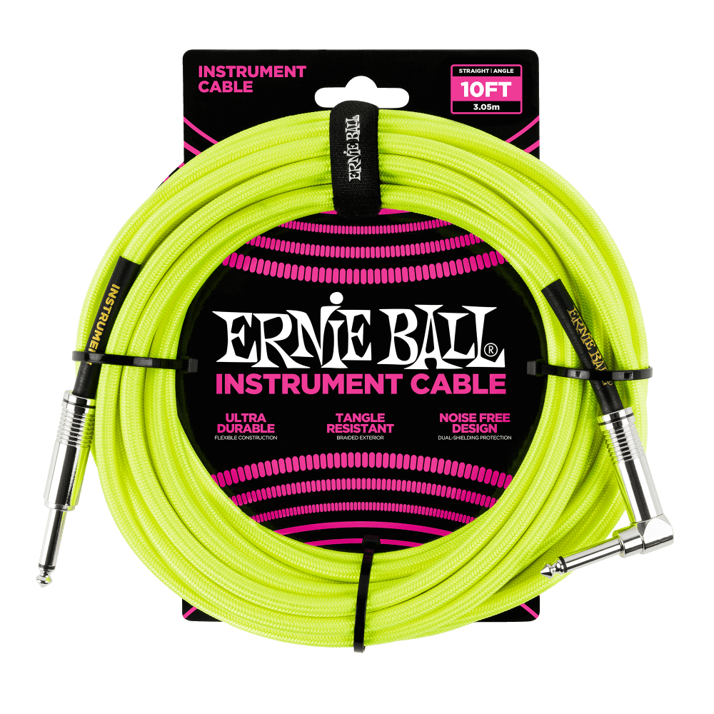 ERNIE BALL 10' BRAIDED STRAIGHT / ANGLE INSTRUMENT CABLE - NEON YELLOW