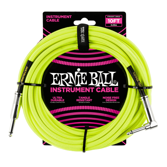 ERNIE BALL 10' BRAIDED STRAIGHT / ANGLE INSTRUMENT CABLE - NEON YELLOW