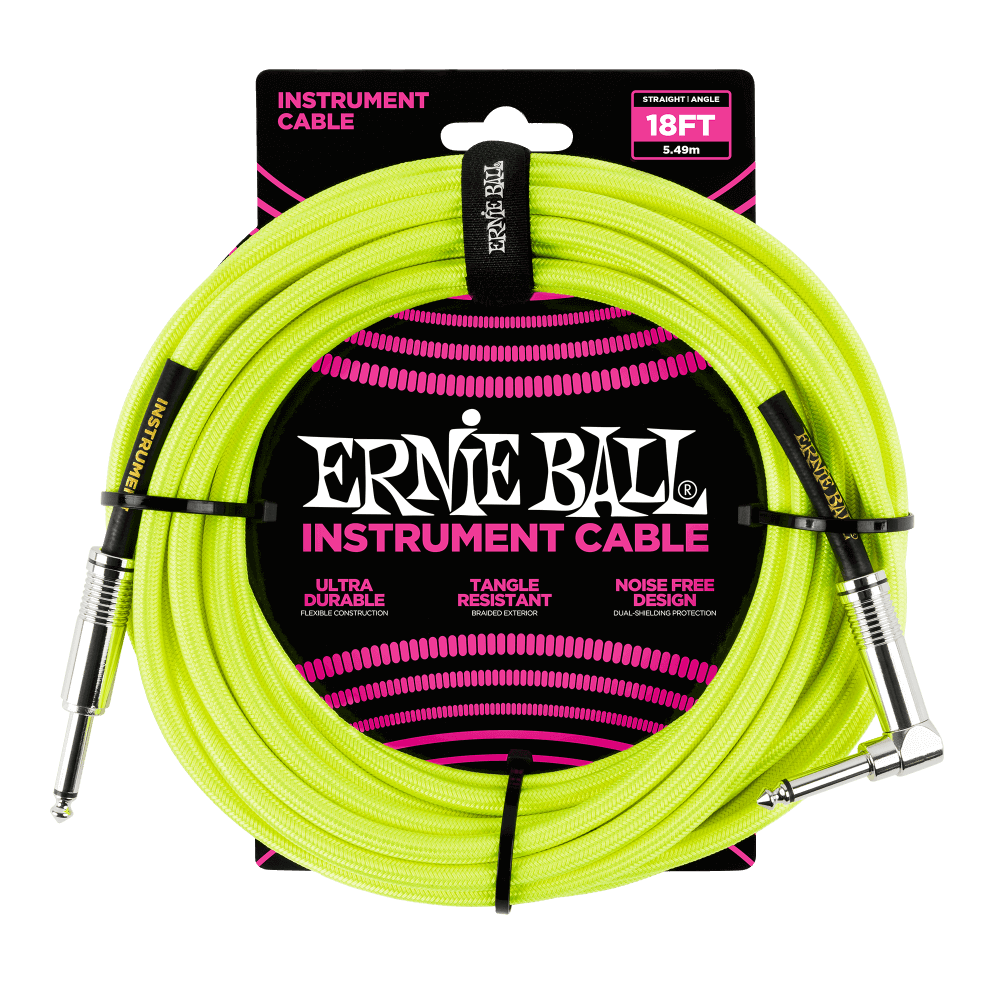 ERNIE BALL 18FT BRAIDED STRAIGHT/ANGLE INSTRUMENT CABLE ~ NEON YELLOW