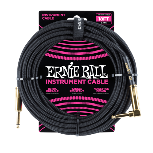 Ernie Ball 18 Ft Braided Straight/Angle Instrument Cable Black/Gold