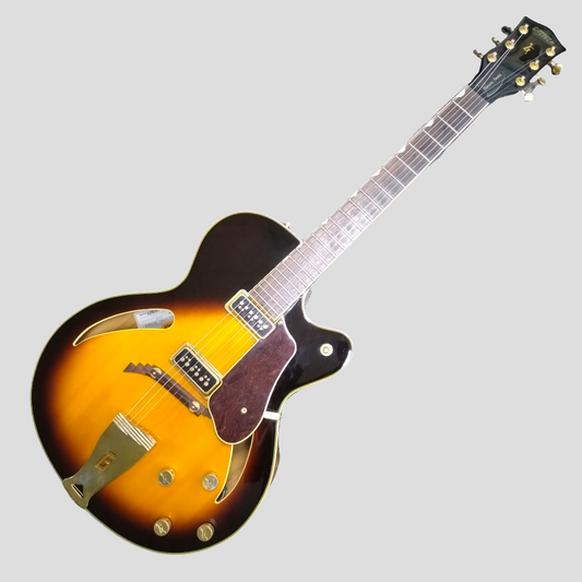 Electric guitar with a sunburst finish on a light gray background