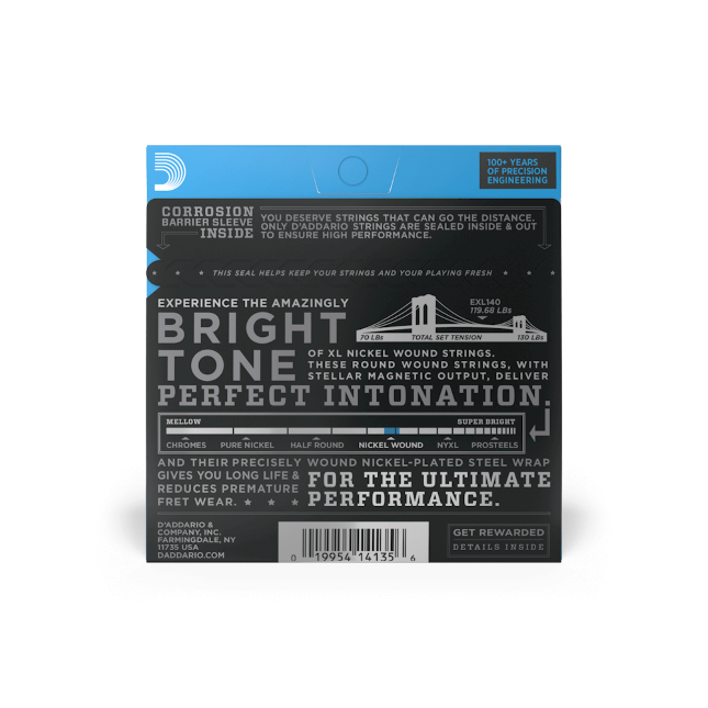 D'Addario EXL140 Nickel Wound, Light Top/Heavy Bottom Gauge 10-52 Electric Guitar Strings